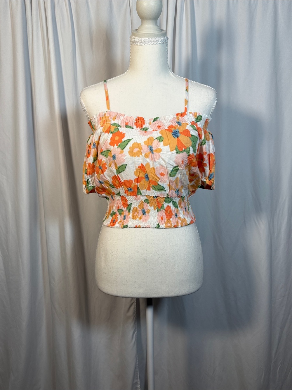 Promesa Orange Floral Smocked Crop Top with Green Accents
